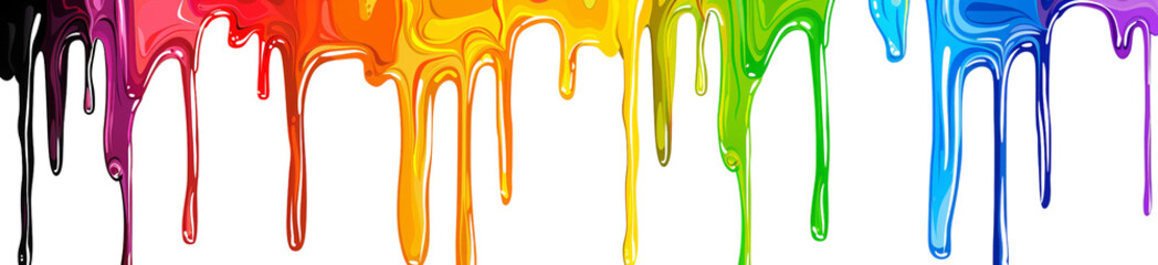 Naklejka premium Rainbow paint dripping down, seamless pattern on white background. Rainbow color drips in the shape of horizontal stripes for design elements. Dripping art with vibrant colors with copy space