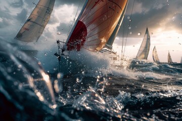 A group of sailboats racing past each other on an overcast day in the ocean, showing dynamic movement and activity - obrazy, fototapety, plakaty