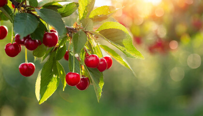 Obraz premium Close-up of ripe red cherries growing on branch with green leaves. Garden fruit tree.