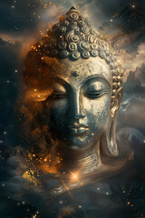 Celestial Buddha Statue Amidst Starlit Galaxy