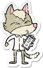 distressed sticker of a cartoon office wolf whistling