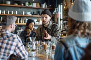 A diverse group of individuals engaged in lively conversation while seated at a bar, sharing stories and enjoying each others company