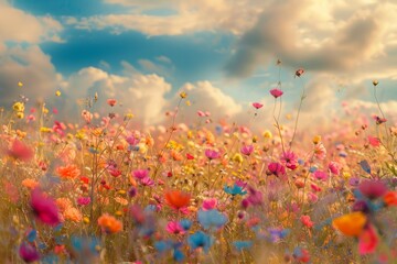 Fototapeta na wymiar A vibrant field blooms with colorful flowers under a cloudy sky, showcasing natures beauty in full display