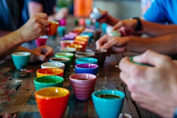 Several individuals are seated around a table, each holding a cup, engaged in the sensory experience of coffee cupping. They are seen sniffing, slurping, and evaluating the coffee