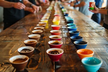 A wooden table is covered with numerous cups of coffee, showcasing a coffee cupping ritual with participants evaluating and savoring the different brews - obrazy, fototapety, plakaty