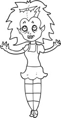 freehand drawn black and white cartoon vampire girl