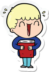 sticker of a laughing cartoon man holding book