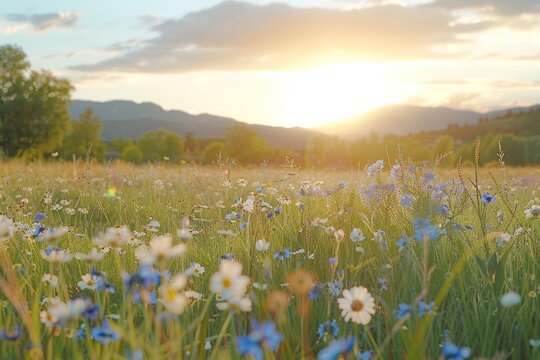 A field filled with blooming blue and white flowers under the soft evening light of spring