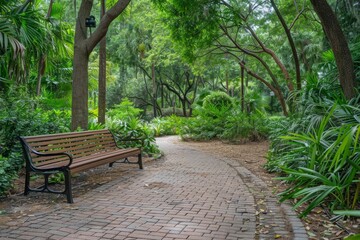 A wooden bench sitting atop a brick walkway in a park setting