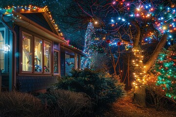 A house adorned with colorful Christmas lights on the outside, creating a festive and cheerful atmosphere