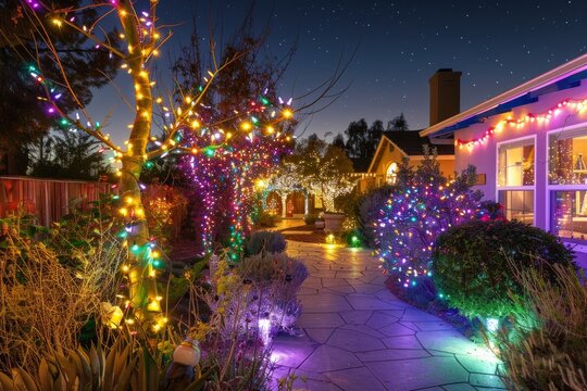 A house adorned with numerous vibrant lights creating a magical and festive atmosphere