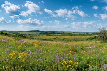 A spring meadow filled with colorful wildflowers under a clear blue sky