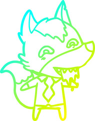 cold gradient line drawing of a cartoon hungry wolf in office clothes