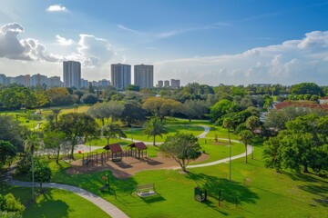 Fototapeta na wymiar A panoramic aerial view of a city park with lush greenery, featuring the urban landscape in the background