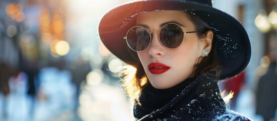 A woman in black hat and sunglasses standing in the snow