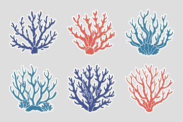 Set of coral reefs or algae, underwater plants. Set of sea coral icons. Stickers, illustration. Vector © Tatiana