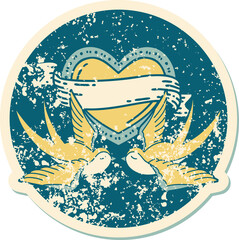 iconic distressed sticker tattoo style image of swallows and a heart with banner