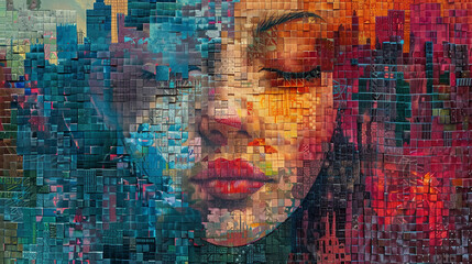 A captivating urban portrait of a woman's face composed of a colorful mosaic that seamlessly blends into a bustling cityscape.