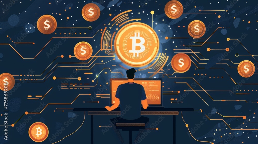 Poster man working at desk with bitcoin