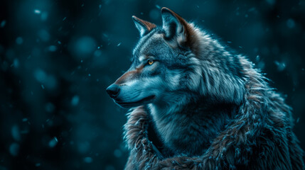 The regal wolf, draped in a fur-trimmed cloak, gazes into the moonlit forest. Its piercing eyes reflect ancient wisdom, while silver moonbeams dance upon its majestic silhouette, embodying strength an