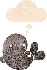 cartoon whale with thought bubble in grunge distressed retro textured style