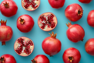Ripe juicy pomegranate fruit on blue background, flat lay composition for healthy lifestyle concept