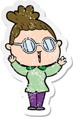 distressed sticker of a cartoon woman wearing spectacles