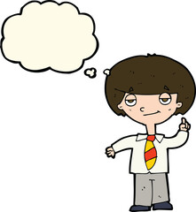 cartoon school boy answering question with thought bubble