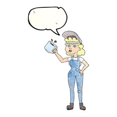 freehand speech bubble textured cartoon woman in dungarees