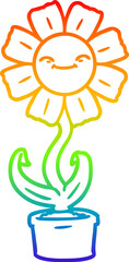 rainbow gradient line drawing of a happy cartoon flower