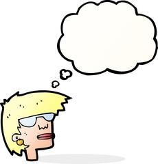 cartoon female face with glasses with thought bubble
