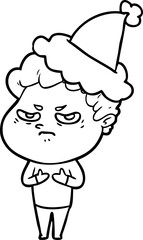 hand drawn line drawing of a angry man wearing santa hat