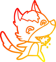 warm gradient line drawing of a cartoon hungry wolf