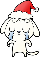 cute hand drawn gradient cartoon of a dog crying wearing santa hat