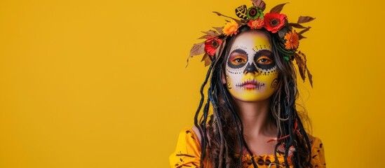 Obraz premium A woman with yellow face paint and flower crown