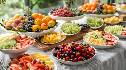 Fototapeta na wymiar various fruits arranged on plates on a white table, juicy bright colours