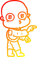 warm gradient line drawing of a cartoon weird bald spaceman pointing