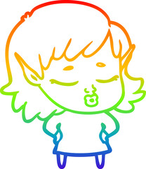 rainbow gradient line drawing of a pretty cartoon elf girl