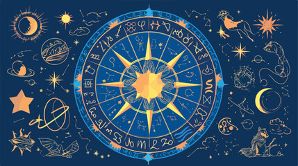 Astrology wheel with zodiac signs on constellation