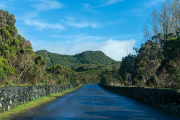 Scenic road leading to Algar do Carvão cave in Terceira Island, Azores. Spectacular natural beauty...