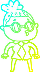 cold gradient line drawing of a cartoon woman wearing glasses