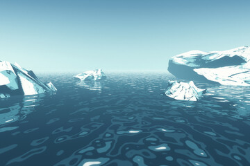 icebergs floating in the ocean, stylized 3d illustration landscape