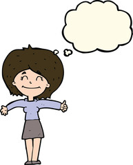 cartoon woman giving thumbs up sign with thought bubble