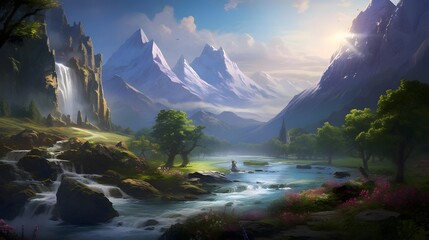 Panoramic view of the mountains and the river in the morning