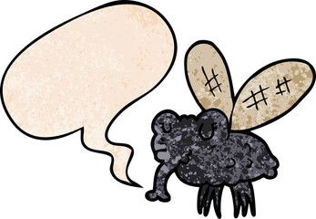 cartoon fly with speech bubble in retro texture style