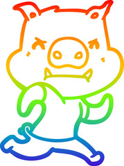 rainbow gradient line drawing of a angry cartoon pig running