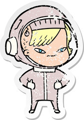distressed sticker of a cartoon astronaut woman
