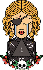 Retro Tattoo Style crying human rogue with natural one d20 roll