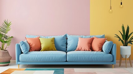 Interior scene with pastel colored sofa with colorful pillows blank wall