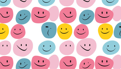 面白い笑顔の幸せそうな顔のカラフルな市松模様のシームレスなパターン。レトロなサイケデリックなチェッカー ボード タイル笑顔アイコン背景テクスチャ。トレンディな漫画の落書きの壁紙。
